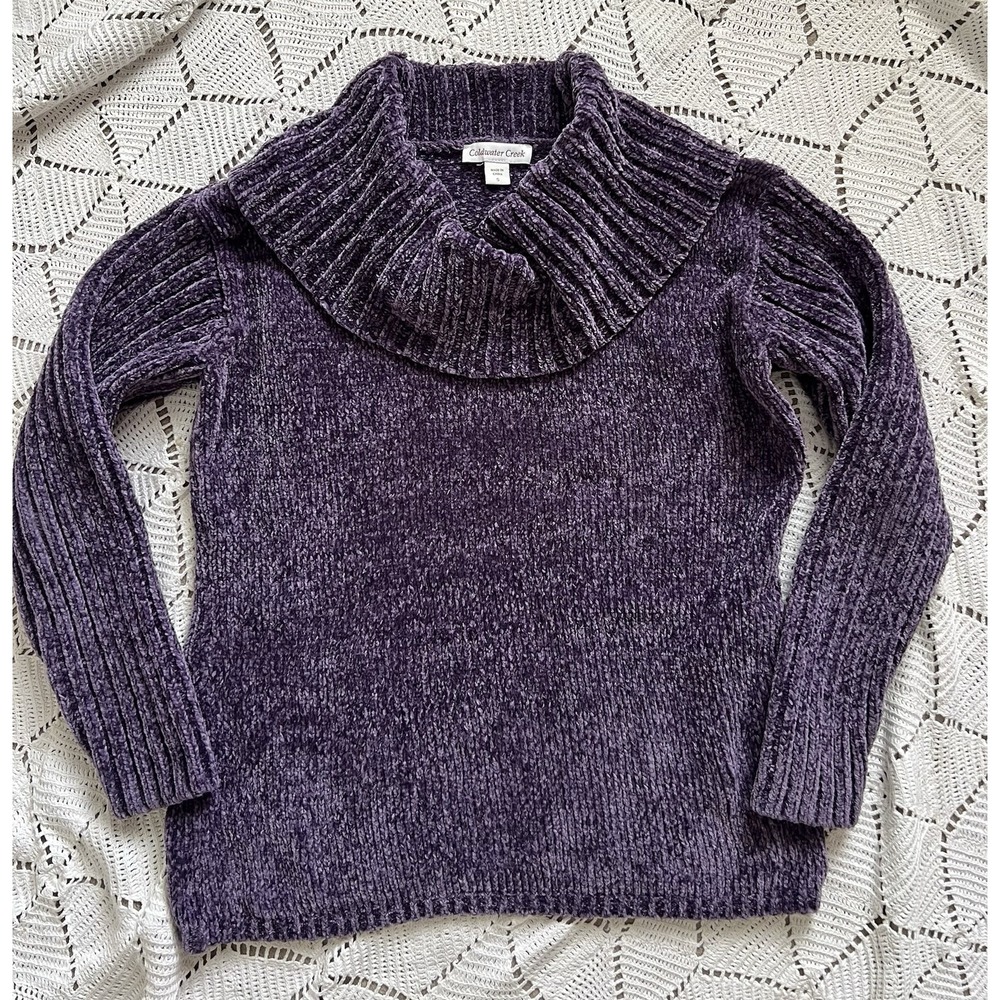 Purple Chenille Sweater Size S Cozy Ribbed Turtleneck Soft romantic cottage core